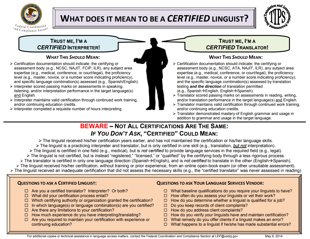 Image of TIPS sheet titled "What Does it Mean to be a Certified Linguist?"