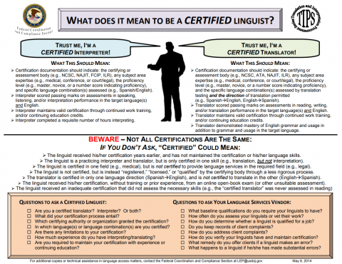 Image of TIPS sheet titled "What Does it Mean to be a Certified Linguist?"