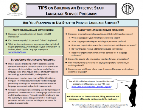 Image of TIPS sheet titled TIPS on Building an Effective Staff Language Service Program
