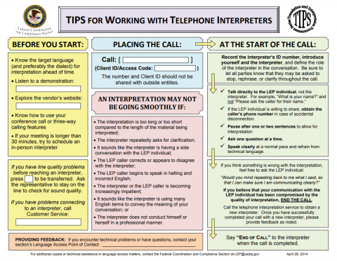 Image of the TIPS tool titled: TIPS for Working with Telephone Interpreters